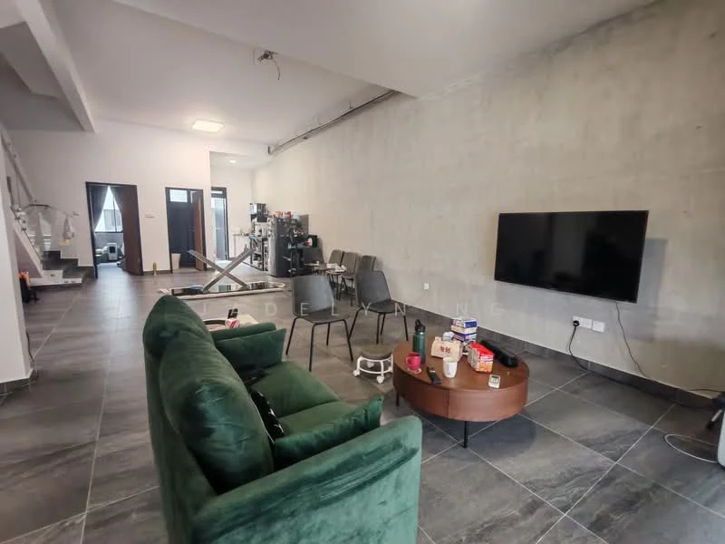 Living features: grey tiled flooring, exposed concrete wall, large wall-mounted TV, round wooden coffee table, green fabric sofa, 4 dining chairs, open layout, recessed ceiling lights; style: modern. Room features: grey tiled flooring, exposed concrete wall, open layout, recessed ceiling lights.