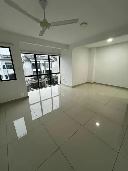 Room features: white painted walls, glossy ceramic tile flooring, ceiling fan, floor-to-ceiling windows, natural light from windows, neutral color scheme, open layout, no visible furniture; style: modern; view: city.