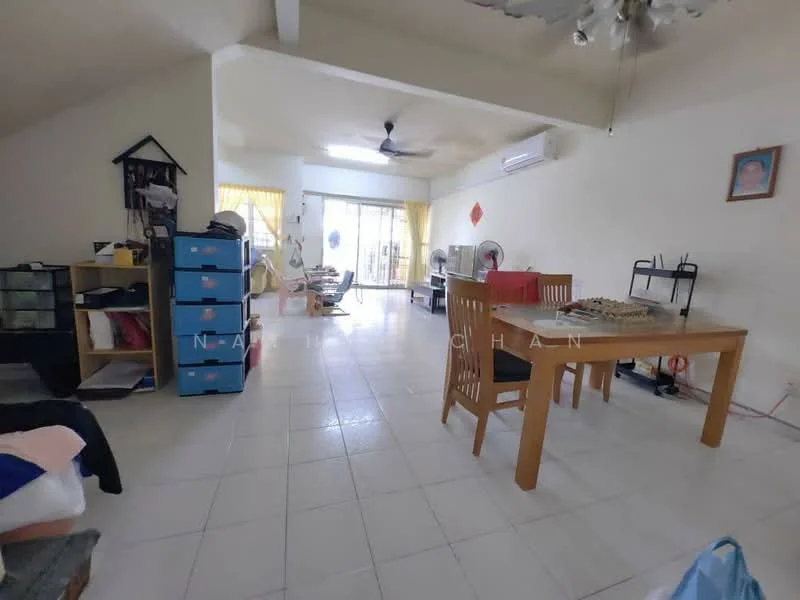 Living features: white painted walls, tile flooring, ceiling fan, dining table with chairs, sofa, TV console, large sliding glass door, curtains, decorative wall art, open layout, natural light from windows; style: modern.