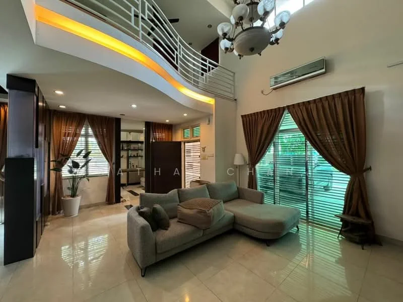 Living features: L-shape sectional sofa in grey, marble tile flooring, chandelier with multiple bulbs, floor-to-ceiling windows, sheer curtains, dark wood feature wall, recessed lighting, decorative wall with shelves, potted plant, air conditioning unit; style: modern; view: garden.