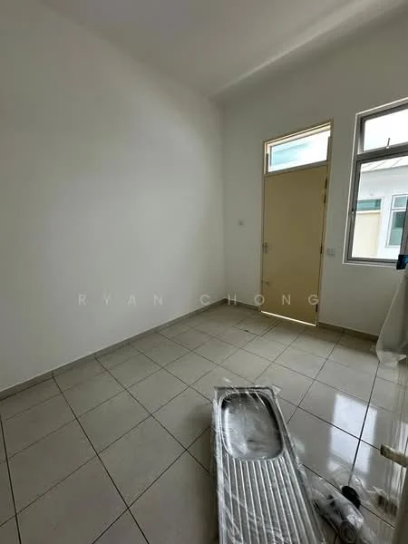 Room features: white painted walls, tile flooring, single door, window with clear glass, neutral color scheme, unfurnished space, no visible decor, natural light from window.