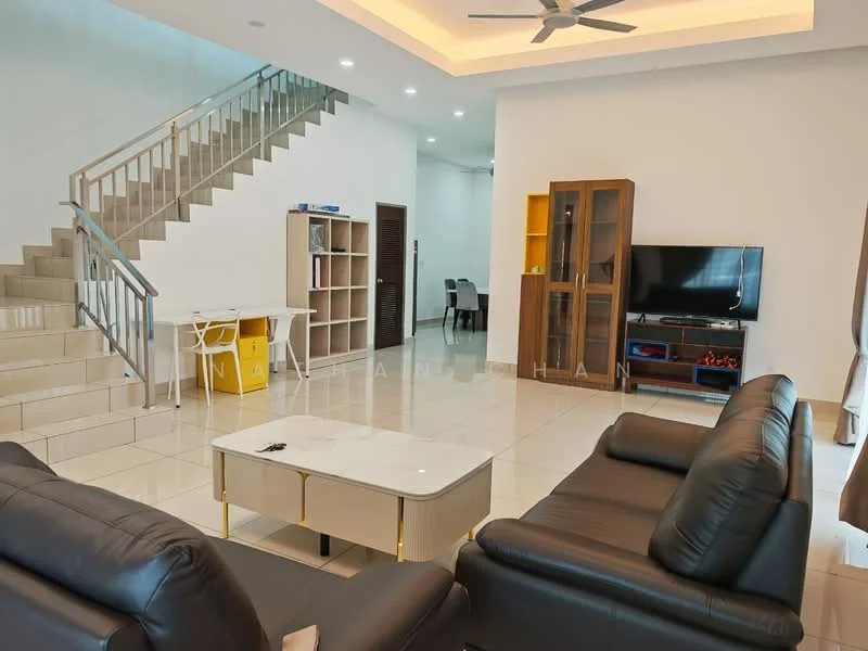 Living features: black leather 3-seater sofa, black leather 2-seater sofa, marble coffee table with gold legs, wall-mounted TV, TV console with storage, recessed ceiling lights, ceiling fan, large windows with sheer curtains, white painted walls, glossy tile flooring, open-plan layout, staircase with metal railing; style: modern.