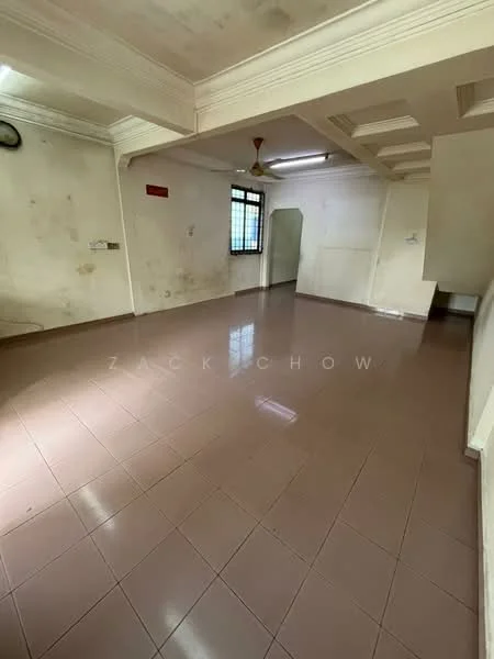 Room features: plain white walls, brown tiled flooring, ceiling with crown moulding, single ceiling light fixture, large window with grid pattern, door leading to another room, unfurnished space, no visible furniture or decor; style: minimalist.