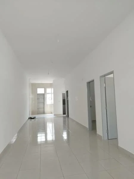 Room features: white painted walls, glossy ceramic tile flooring, recessed ceiling lights, multiple doorways, large windows allowing natural light, neutral color scheme, open layout, high ceiling; style: modern.