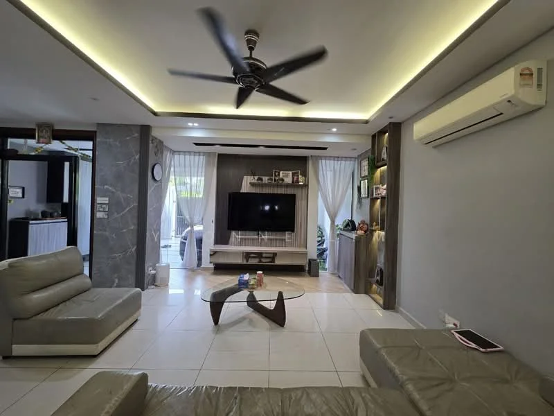 Living features: 5-blade ceiling fan with light, wall-mounted TV, TV console, L-shape sectional sofa in grey, coffee table, recessed LED downlights, cream tiled flooring, white painted walls, floor-to-ceiling windows with sheer curtains, air conditioning unit, decorative shelving, decorative plants; style: modern; view: garden.