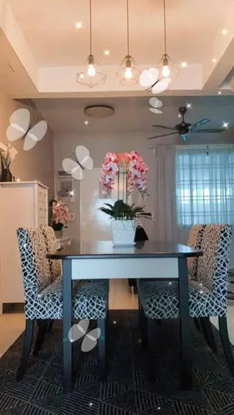 Dining features: 4-seater dining table, upholstered dining chairs with geometric pattern, chandelier with multiple bulbs, decorative potted orchid plant, wall-mounted cabinet, sheer curtains, area rug with geometric pattern, ceiling fan with light; style: modern.