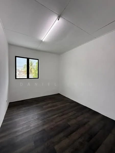 Room features: white painted walls, vinyl plank flooring, single window, ceiling light fixture, no visible furniture, neutral decor, empty space, no built-in storage; style: minimalist; view: garden.