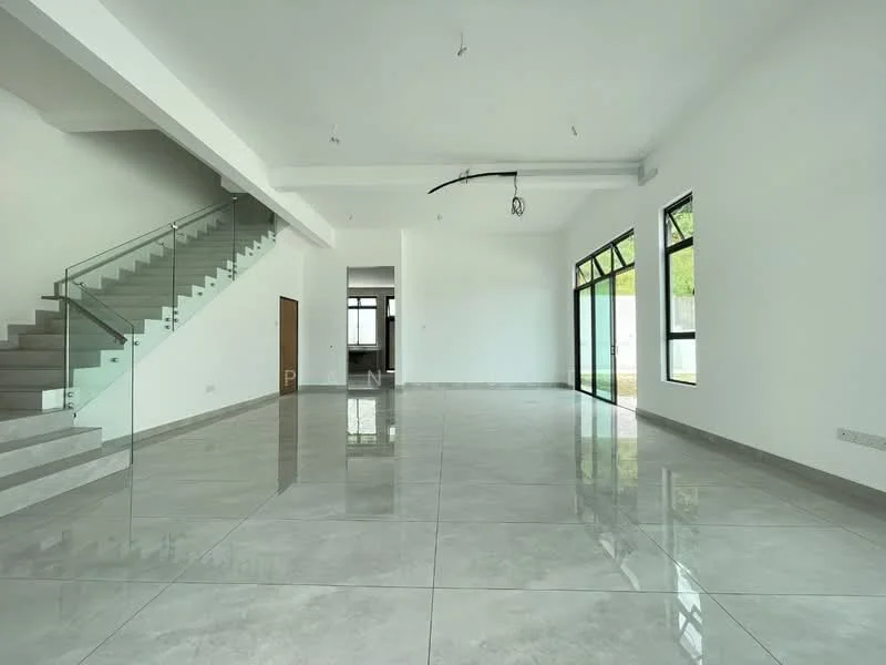 Living features: polished ceramic tile flooring, white painted walls, exposed beams on ceiling, large floor-to-ceiling windows, sliding glass door, modern ceiling light fixture, open layout, glass railing staircase; style: modern; view: garden.