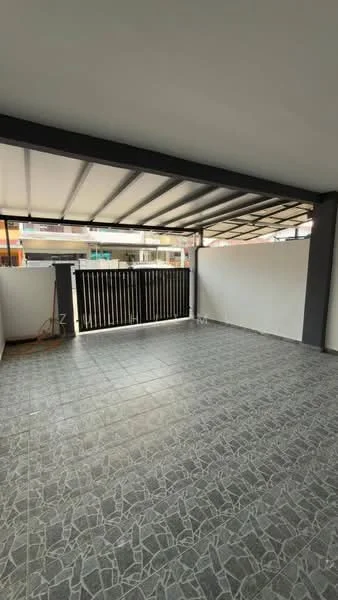 Exterior features: covered terrace, grey tiled flooring with stone pattern, metal railing, white painted walls, roof overhang, open space, urban view; style: modern.