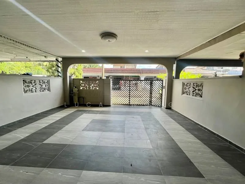 Exterior features: grey tiled flooring, decorative wall panels, overhead ceiling lights, covered area, fenced perimeter, gate access; style: modern.
