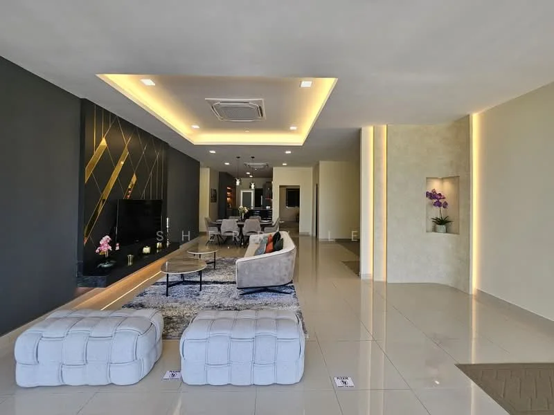 Living features: grey accent wall, cream painted walls, recessed ceiling with LED lighting, ceiling-mounted air conditioning unit, floor-to-ceiling windows, large area rug with geometric pattern, coffee table, 2 ottomans, wall-mounted TV, decorative wall niche with plant, dining area visible in background; style: modern.