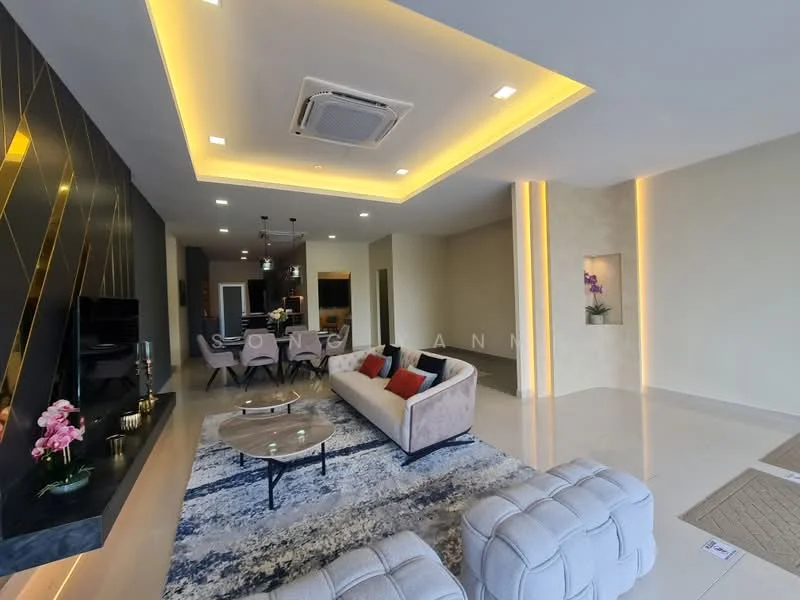 Living features: sofa in beige fabric, coffee table with round top, area rug with geometric pattern, wall-mounted TV, entertainment unit, recessed downlights, tray ceiling with LED lighting, floor-to-ceiling windows, decorative wall with black and gold accents, light-colored walls, polished tile flooring, ceiling-mounted air conditioning unit; style: modern.