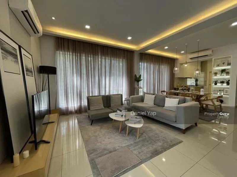 Living features: 3-seater fabric sofa in grey, 2-seater fabric sofa in light grey, coffee table with round top, area rug with geometric pattern, wall-mounted TV, TV console with storage, floor-to-ceiling windows with sheer curtains, recessed LED downlights, ceiling with cove lighting, decorative wall art, potted plant, marble tile flooring; style: modern. Dining features: 6-seater dining table, upholstered dining chairs, pendant lighting above dining table, open shelving with decorative items, built-in cabinetry, kitchen area visible in background; style: modern.
