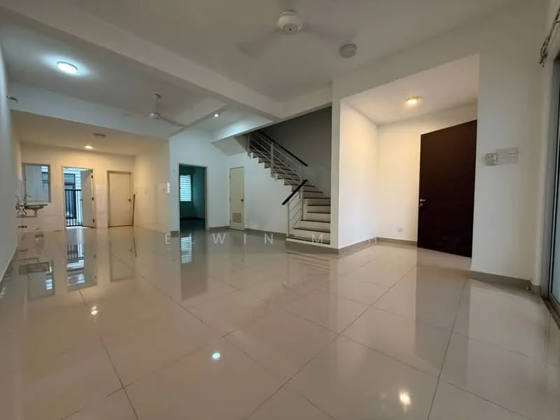 Living features: glossy tile flooring, white painted walls, ceiling fan, recessed downlights, staircase with metal railing, doorway to hallway, doorway to kitchen, large windows, sliding glass door leading outside; style: modern. Hallway features: white painted walls, glossy tile flooring, doorway to bathroom, doorway to bedroom, doorway to utility area; style: modern.