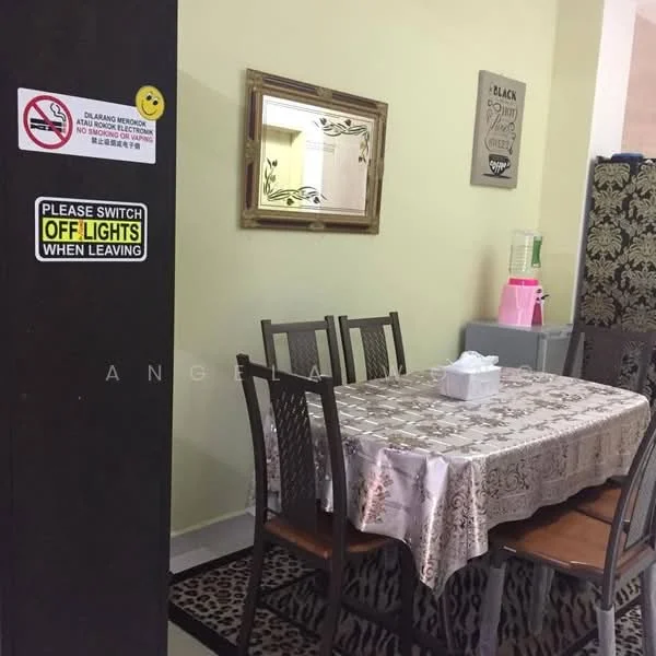 Dining features: wooden dining table with tablecloth, 6 dining chairs, framed mirror on wall, decorative wall art, light green painted walls, carpet with animal print, signage on wall, table centerpiece; style: modern.