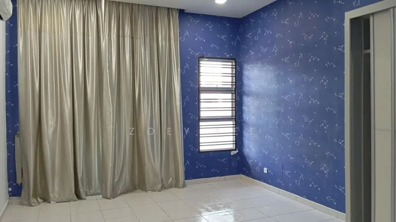 Room features: blue accent wall with pattern, white painted walls, glossy white tile flooring, floor-to-ceiling curtains in beige, window with horizontal slats, recessed ceiling lights; style: modern.