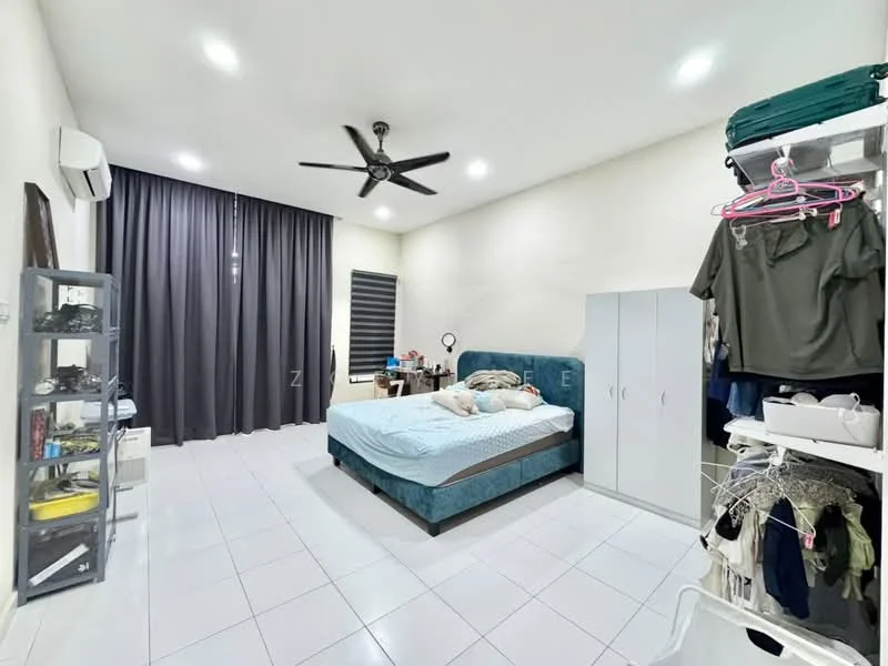 Bedroom features: king-size bed, upholstered headboard, 2 bedside tables, wall-mounted mirror, 5-blade ceiling fan with light, floor-to-ceiling windows with sheer curtains, white painted walls, white tile flooring, built-in wardrobe, clothes hanging rack; style: modern.