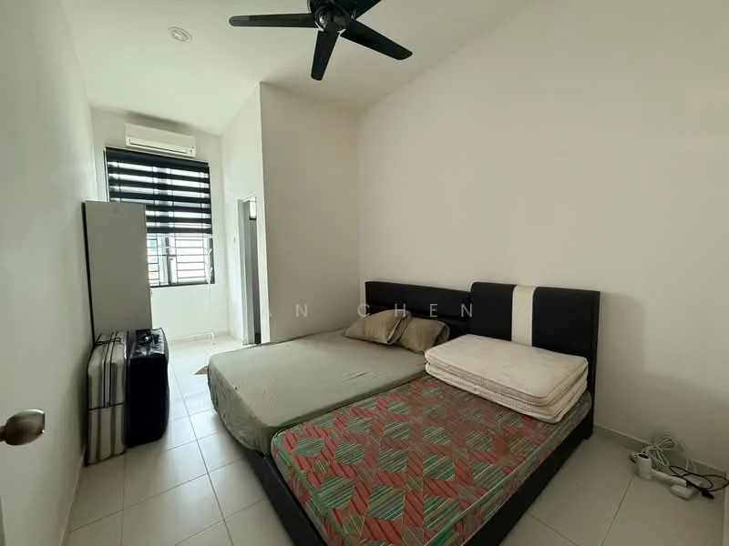 Bedroom features: queen-size bed, upholstered headboard, mattress on bed, bed linens, floor-to-ceiling window, blackout blinds, ceiling fan, white painted walls, tile flooring, luggage, decorative rug; style: minimalist.