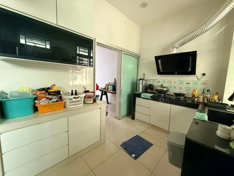 Kitchen features: white cabinetry with flat-panel doors, black countertop, stainless-steel sink, chrome faucet, built-in oven, induction cooktop, exhaust hood, ceramic tile backsplash, tile flooring, refrigerator, open shelving, wall-mounted TV, window with natural light; style: modern.