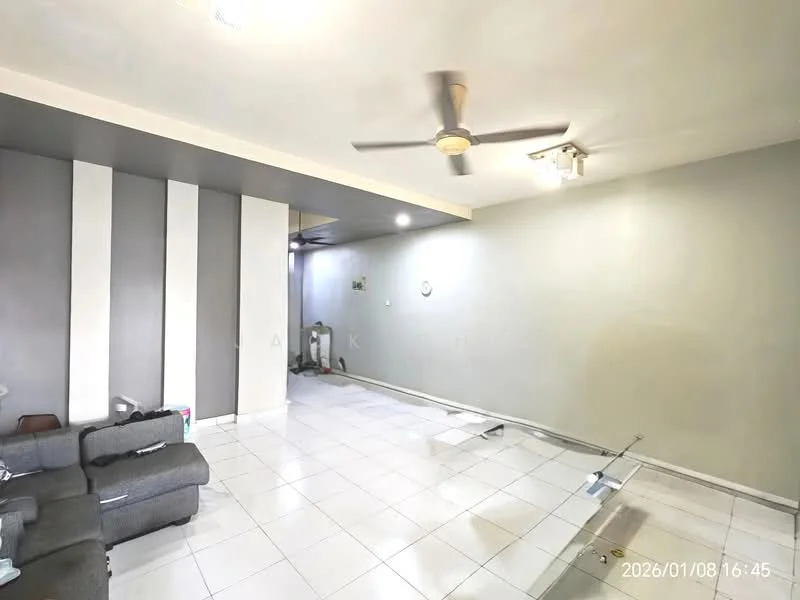 Living features: grey fabric sofa, 5-blade ceiling fan with light, white tiled flooring, light grey painted walls, dark grey accent wall, recessed downlights, wall-mounted TV, decorative wall clock; style: modern.