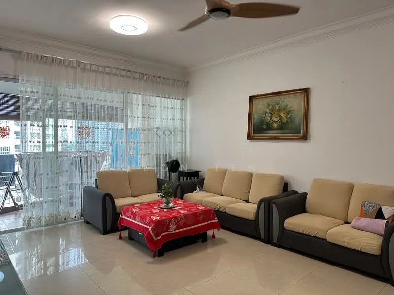 Living features: 3-seater fabric sofa in beige, 2-seater fabric sofa in beige, coffee table, area rug, wall-mounted ceiling fan, recessed ceiling light, framed artwork, curtains, floor-to-ceiling windows, sliding glass door, tile flooring, white painted walls; style: modern; view: city.