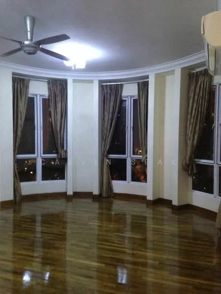 Living features: 5-blade ceiling fan with light, recessed downlights, cream painted walls, wooden flooring, floor-to-ceiling windows, sheer curtains, dark wood skirting, curved wall design; style: modern; view: city.