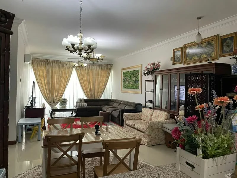 Living features: cream painted walls, glossy tile flooring, chandelier with multiple bulbs, 5-seater fabric sofa in grey, 3-seater leather sofa, floral patterned armchair, wooden coffee table, TV console, floor-to-ceiling windows with sheer curtains, decorative wall art, area rug with geometric pattern, potted houseplants, built-in wooden cabinet; style: traditional.