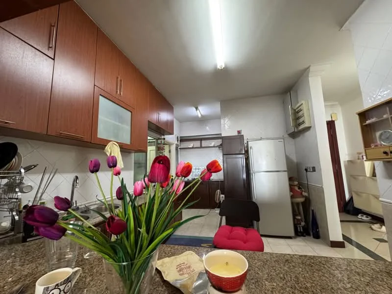 Kitchen features: brown wooden cabinetry, granite countertop, stainless-steel fridge, built-in oven, ceramic tile flooring, white tiled backsplash, single-bowl stainless-steel sink, chrome pull-down faucet, recessed ceiling lights, open shelving, kitchen island, decorative vase with flowers; style: modern.