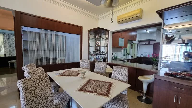 Dining features: 8-seater dining table with white surface, upholstered dining chairs with patterned fabric, glass display cabinet, bar counter with stools, built-in cabinetry, recessed ceiling lights, wall-mounted air conditioning unit, cream painted walls, tile flooring, decorative table runner, decorative vase with flowers; style: modern. Kitchen features: open kitchen layout, wood cabinetry, stainless-steel appliances, granite countertop, built-in oven, microwave, 4-burner gas hob, double-bowl stainless-steel sink, chrome pull-down faucet; style: modern.
