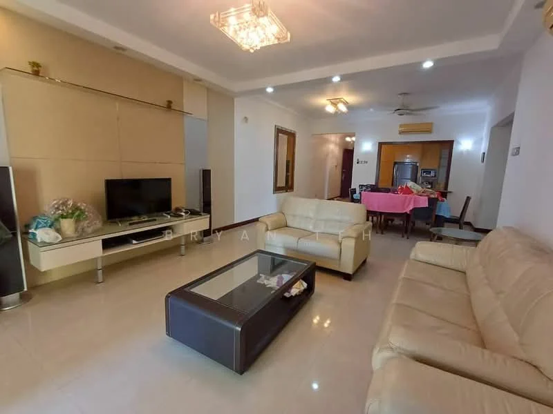 Living features: cream leather sofa, 3-seater sofa, 2-seater sofa, glass coffee table, TV console, wall-mounted TV, decorative wall panel, recessed ceiling lights, ceiling fan, marble flooring, neutral wall color, decorative chandelier; style: modern. Kitchen features: open kitchen layout, stainless-steel fridge, built-in oven, freestanding range oven, wood cabinetry, countertop, tile backsplash; style: modern.
