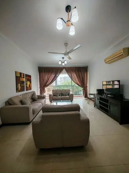 Living features: beige fabric 3-seater sofa, beige fabric 2-seater sofa, glass coffee table, TV console, wall-mounted TV, floor-to-ceiling windows, sheer curtains, ceiling fan with light, recessed downlights, cream painted walls, tile flooring, decorative artwork on walls; style: modern; view: garden.