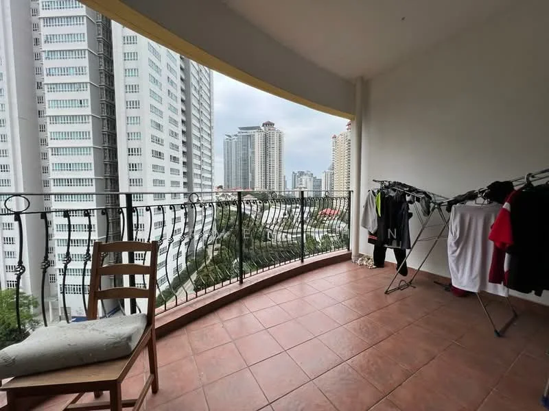Balcony features: terracotta tile flooring, metal railing, city skyline view, clothes drying rack, wooden chair, outdoor space, partially covered area; view: city.