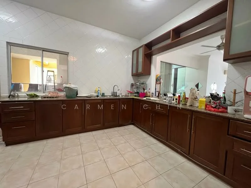 Kitchen features: brown wooden cabinetry, white tiled backsplash, granite countertop, double-bowl stainless-steel sink, chrome pull-down faucet, built-in oven, freestanding range oven, microwave, refrigerator, ceramic tile flooring, recessed downlights, window with sheer curtains, open shelving, kitchen island, wall-mounted cabinets; style: modern.