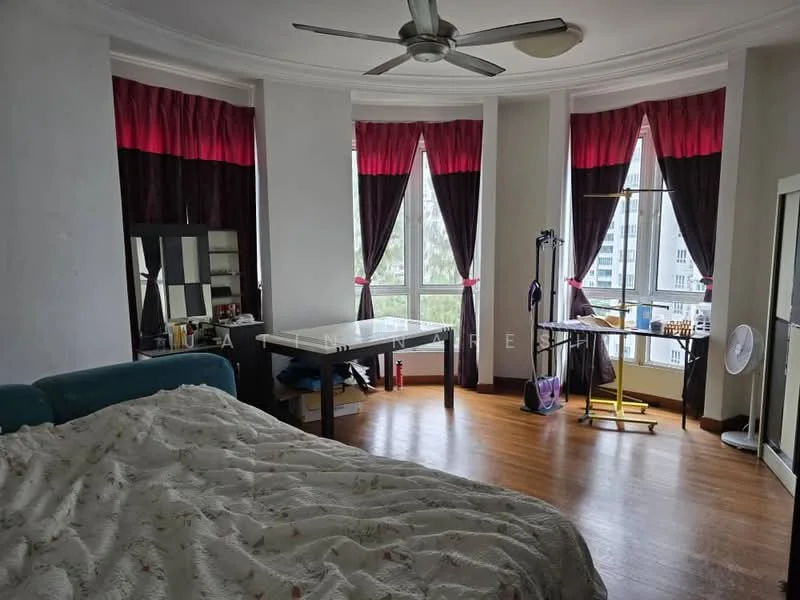 Bedroom features: queen-size bed with patterned bedding, wooden flooring, floor-to-ceiling windows, curtains in dark red and black, ceiling fan with light, dressing table with mirror, study desk, freestanding fan; style: modern; view: city.