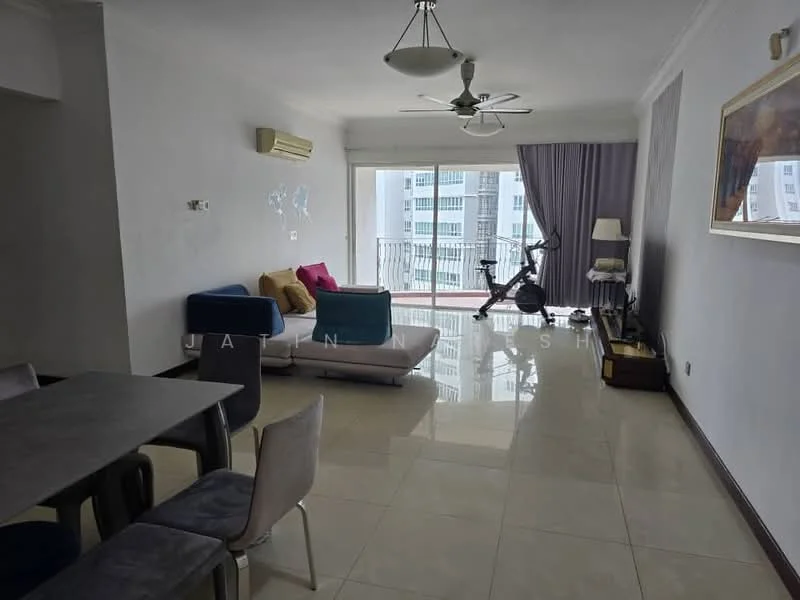 Living features: white painted walls, glossy tile flooring, 5-blade ceiling fan with light, floor-to-ceiling windows, sliding glass door, curtains, sofa with cushions in blue and pink, exercise bike, coffee table, dining table with chairs; style: modern; view: city.