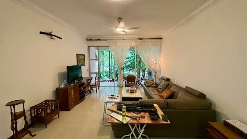 Living features: 3-seater fabric sofa in olive green, wooden coffee table, TV console, wall-mounted TV, ceiling fan, floor-to-ceiling windows, sheer curtains, decorative wall art, light-colored tiled flooring, wooden side table, decorative candelabra, open access to balcony view; style: modern; view: garden.