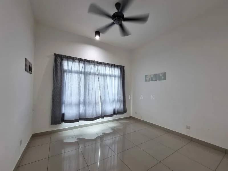 Room features: white painted walls, grey curtains, floor-to-ceiling windows, polished ceramic tile flooring, 5-blade ceiling fan with light, recessed downlights; style: modern.