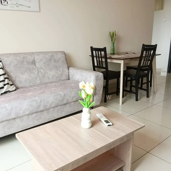 Living features: grey fabric sofa, wooden coffee table, white vase with flowers, remote control, tile flooring, light beige painted walls, black dining chairs, wooden dining table, decorative wall art; style: modern.