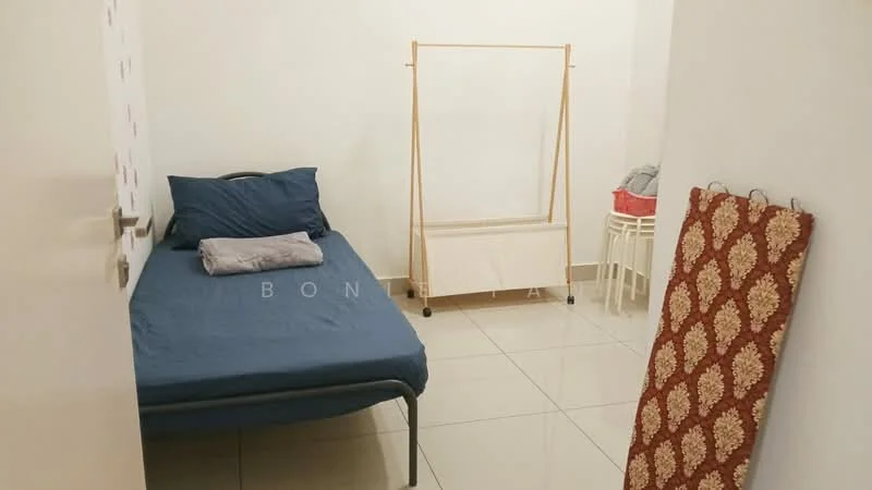 Bedroom features: single bed with blue bedding, white walls, glossy tile flooring, clothes rack, small table, decorative wall with patterned wallpaper, window with no visible treatment; style: minimalist.