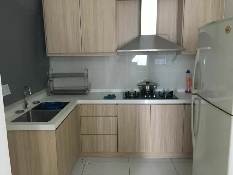 Kitchen features: light wood cabinetry, white countertop, double-bowl stainless-steel sink, chrome pull-down faucet, built-in gas stove with two burners, exhaust hood, white fridge, grey accent wall, ceramic tile flooring, open shelving, dish rack, cleaning supplies on countertop; style: modern.