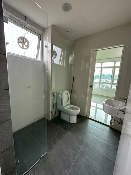 Bathroom features: walk-in shower with glass enclosure, rain shower head, handheld shower, one-piece toilet, chrome basin mixer, white sink, grey ceramic tile flooring, white tiled walls, window for natural light, sliding door, toilet bidet spray; style: modern.