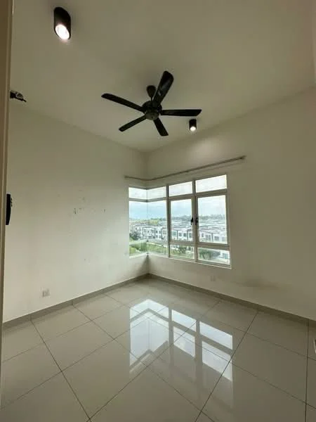 Room features: white painted walls, glossy tile flooring, 5-blade ceiling fan, floor-to-ceiling windows, natural light from windows, view of the outside, light fixtures on ceiling; style: modern; view: city.