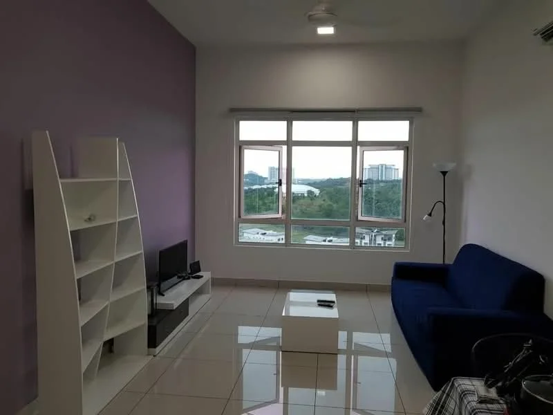 Living features: purple accent wall, white painted walls, glossy tile flooring, 3-seater fabric sofa in blue, white coffee table, TV console, wall-mounted TV, bookshelf, floor lamp, large windows with city view, curtains, ceiling fan; style: modern; view: city.