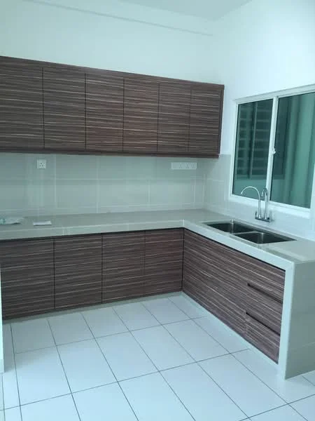 Kitchen features: brown wood cabinetry with horizontal lines, white quartz countertop, double-bowl stainless-steel sink, chrome pull-down faucet, white tiled backsplash, white tiled flooring, floor-to-ceiling window, natural light from window; style: modern.