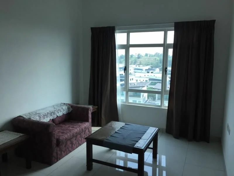 Living features: sofa in maroon fabric, wooden coffee table, floor-to-ceiling windows, brown curtains, white painted walls, glossy tile flooring, view of surrounding buildings; view: city.