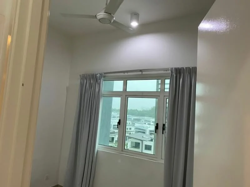 Room features: white painted walls, ceiling fan, curtains, window with multiple panes, natural light from window, light fixture on ceiling; view: city.