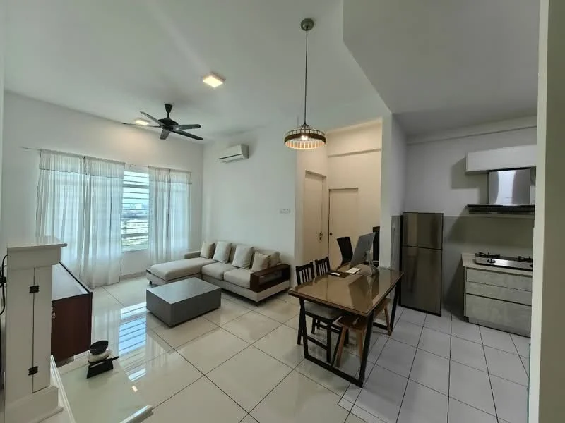 Living features: 3-seater fabric sofa in light grey, coffee table, wall-mounted TV, ceiling fan with light, recessed downlights, floor-to-ceiling windows with sheer curtains, white painted walls, glossy white tile flooring, air conditioning unit, decorative wall shelf; style: modern; view: city. Dining features: 6-seater dining table, wooden dining chairs, pendant light above dining table, open layout, white cabinetry, stainless-steel fridge, built-in oven, gas hob; style: modern.