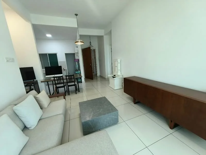 Living features: light grey fabric sofa, white throw pillows, marble coffee table, wooden sideboard, white walls, tile flooring, recessed downlights, pendant light, open layout, dining area visible in background, workstation with two chairs and desks visible; style: modern.