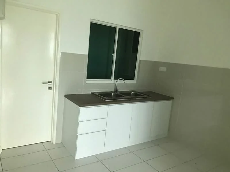 Kitchen features: double-bowl stainless-steel sink, chrome pull-down faucet, white cabinetry with flat-panel doors, grey countertop, tile backsplash, white tiled flooring, window above sink, neutral wall colour; style: modern.