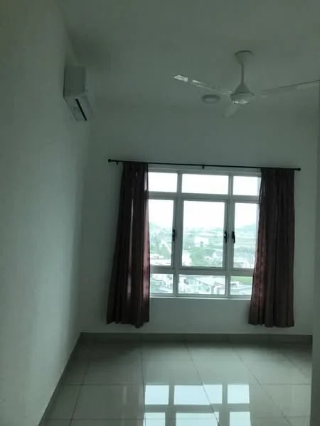 Room features: white painted walls, glossy ceramic tile flooring, 5-blade ceiling fan, wall-mounted split AC, floor-to-ceiling windows, sheer curtains, curtains in dark color, city view; style: modern; view: city.